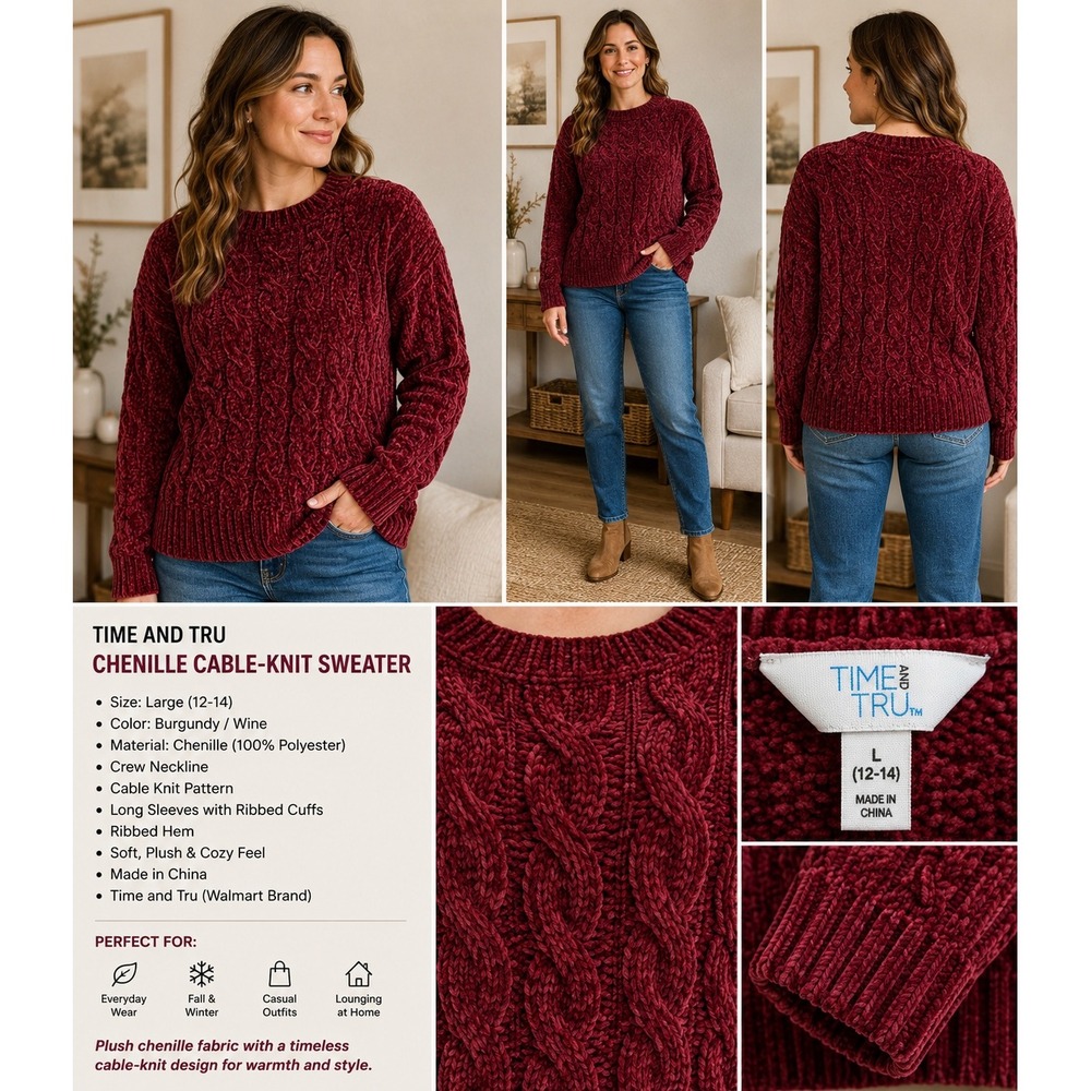 Time and Tru Womens Burgundy Chenille Cable Knit Sweater Crew Neck Wine Large L